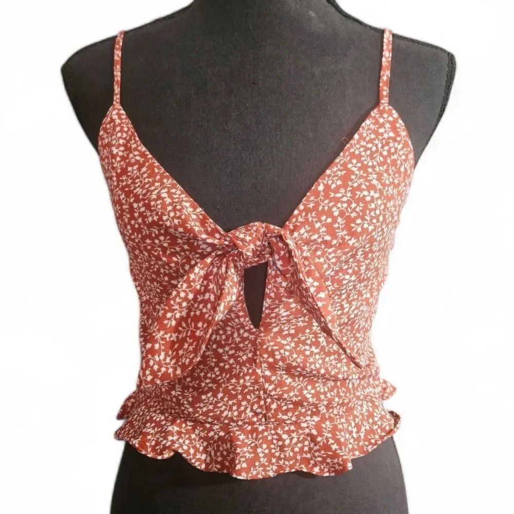 Princess Polly Dru Top Rust Floral Tie-Front Cami Cropped Ruffle Hem Tank Size 2